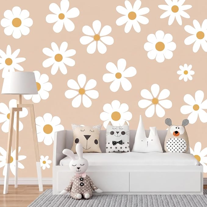 TaoBary 12 Sheet Daisy Wall Sticker Decal,White, Yellow,Novelty Style | Big Flower Wall Sticker, Pink White Floral Decal, Daisy Bedroom Room Decor, Removable Peel and Stick, Nursery Home Wall Decor