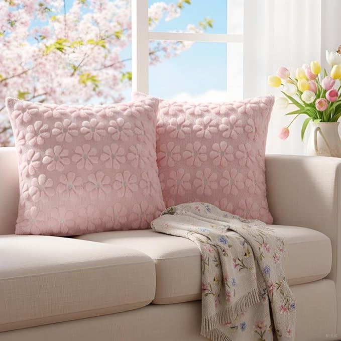 Softalker Spring Summer Throw Pillow Covers 18 x 18 Inch Set of 2, Farmhouse Decorative Floral Daisy Soft Faux Fur Cushion Covers, 3D Pillow Cases for Couch Bedroom Living Sofa Room Home Decor, Pink