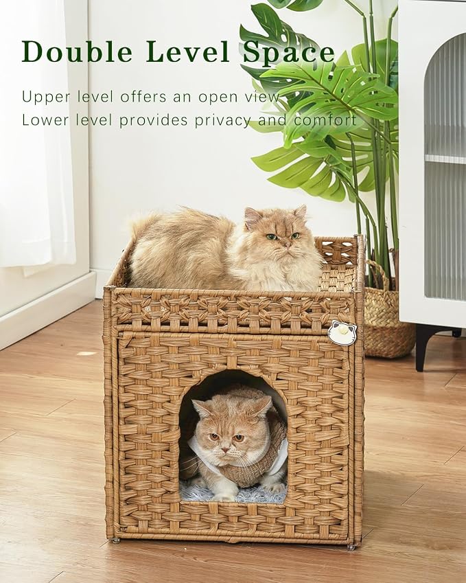 SETVSON Cat Beds for Indoor Cats Extra Large Double Cat Cave, Natural | Spacious Multi-Cat House, Furniture End Table Look, Soft Washable Cushion, Sturdy Metal Frame, 18.5x20.5x19.1 In Woven Cube