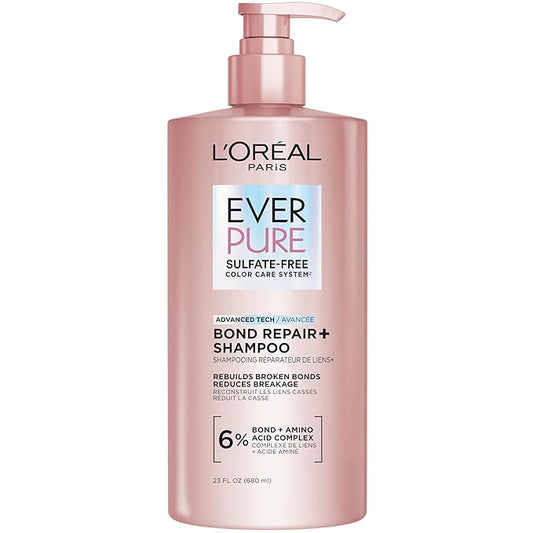L'Oreal Paris Sulfate Free Bond Repair+ Shampoo, Hair Shampoo with Amino Acid Complex, Strengthens and Repairs Damaged or Color Treated Hair, EverPure, 23 Fl Oz (Packaging May Vary)