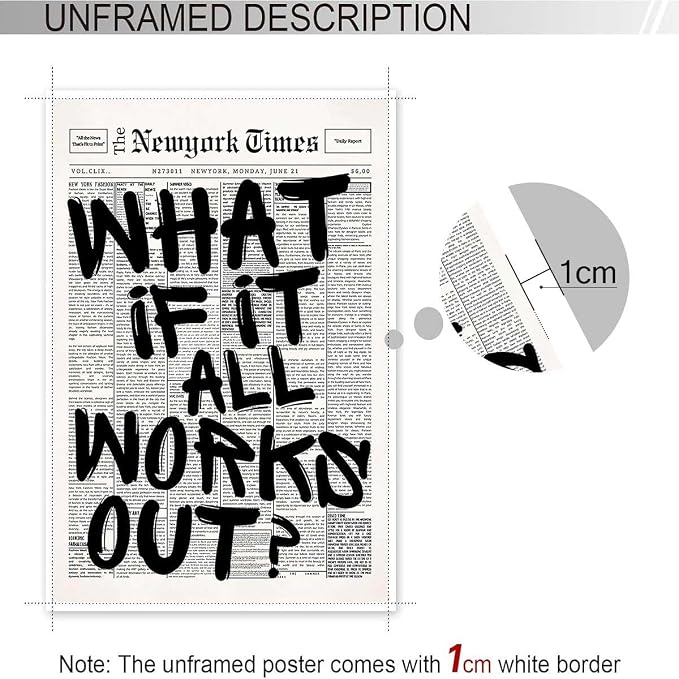 Drimiler Retro Black And White Newspaper Poster What If It All Works Out Canvas Wall Art Positive Affirming Quote Minimalist Prints Painting For Home Bedroom Dorm Wall Decor 16x24in Unframed