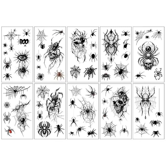 10 Sheets Halloween Temporary Tattoos Red Spider Stickers Spider Web Styles Mixed Halloween Tattoos Waterproof Cobweb Fake Tattoos Realistic Black Tattoo for Kids Boys Girls Body Art Makeup