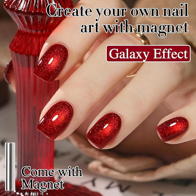 Double Rhythm 15ML Ice Glass Cat Eye Gel Polish with Magnet Holographic Glitter Shimmer Translucent Sheer Color Salon Soak Off Magnetic Nail at Home (Red Glitter-MC1108)