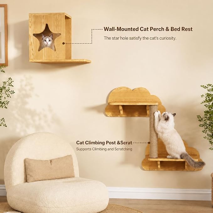 Solid Wood Climbing System for Large Cats, 7-Piece Cat Wall-Mounted Furniture with Moon Bed, Star House, Suspension Bridge and Scratching Post for Indoor Cats