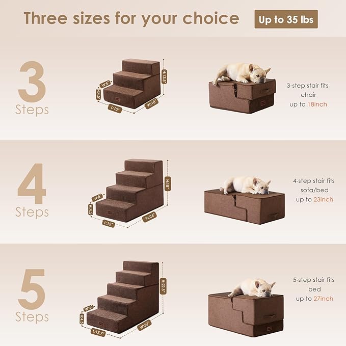 EHEYCIGA Dog Stairs for High Bed 22.5" H, 5-Step Dog Steps, Brown | Pet Steps for Small Dogs and Cats for Bed, Non-Slip Balanced Pet Ramp Indoor