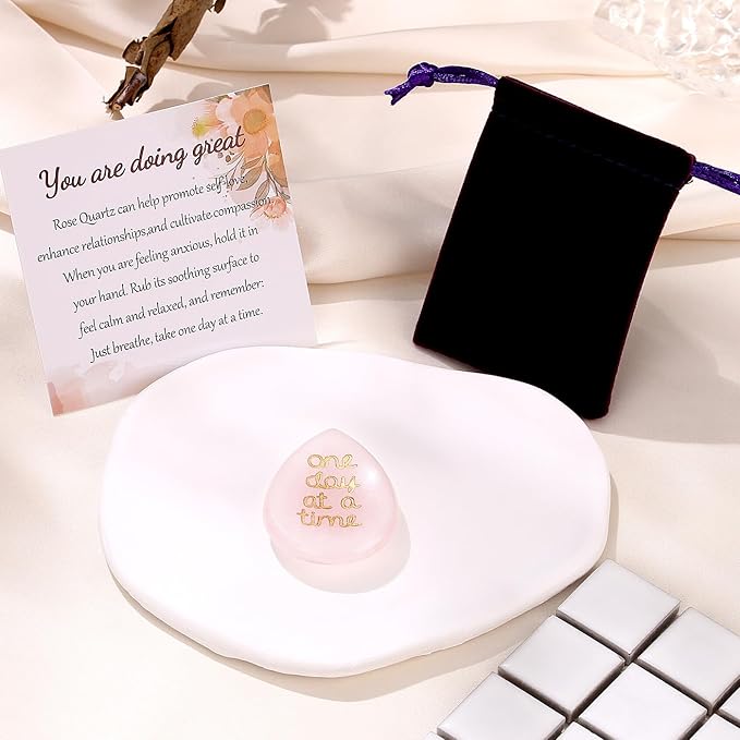 One Day at A Time Rose Quartz Thumb Worry Stone for Anxiety Crystals Hand Thumb Stones Pocket Thinking of You Gifts for women Inspirational Worry Stones for Stress Relief Sobriety Gifts for Her