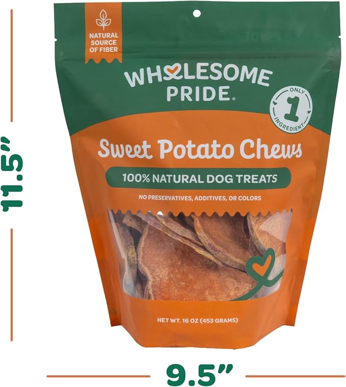 Wholesome Pride Sweet Potato Chews Healthy Dog Treats, 1 Ingredient, 16 oz | No Preservatives, 100% Sweet Potato, Gently Dehydrated, Supports Digestion, No Grain or Gluten, Training & Snacking