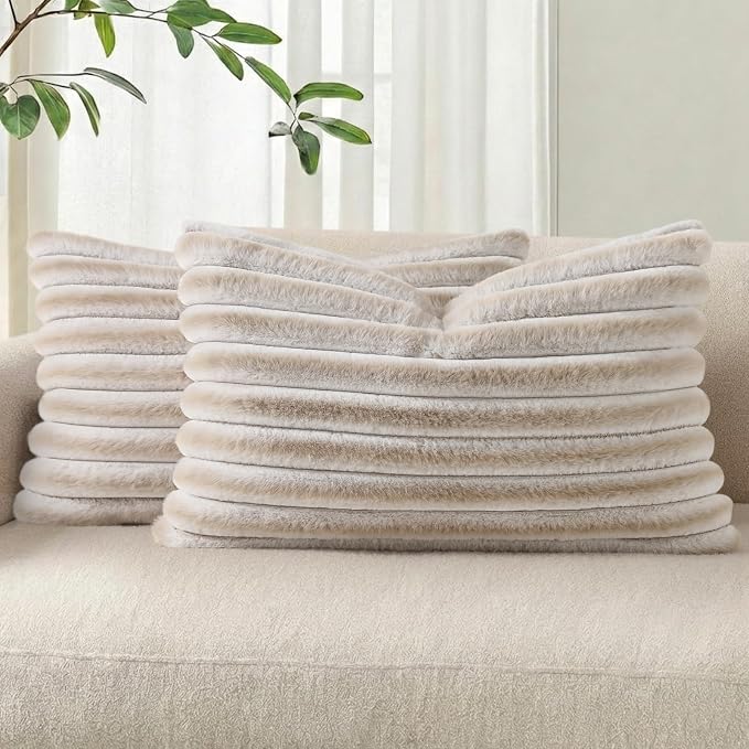 Pallene Faux Fur Decorative Throw Pillow Covers 12x20 Set of 2, Ombre Beige | Luxury Plush Texture, Striped Design, Cozy Soft Touch, Modern Home Accent Decor for Couch, Sofa, Bed, Living Room