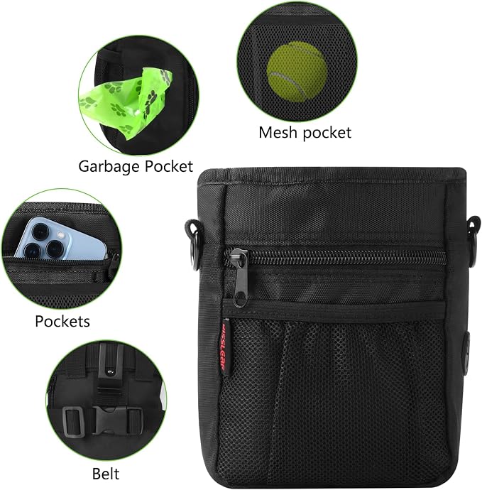 kissleaf Dog Treat Pouch, Magnetic Closure, Dog Clicker- Black