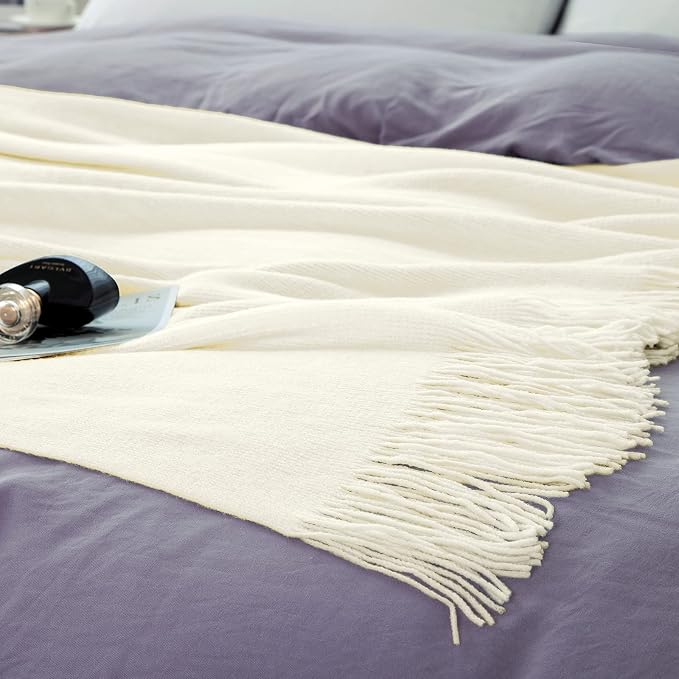 Vonty Ivory White Knitted Throw Blanket with Tassels Fringe, 50x60 Acrylic | Super Soft And Lightweight, Year-Round Cozy Warmth, Farmhouse Decorative Style, Machine Washable, for Couch, Sofa or Bed