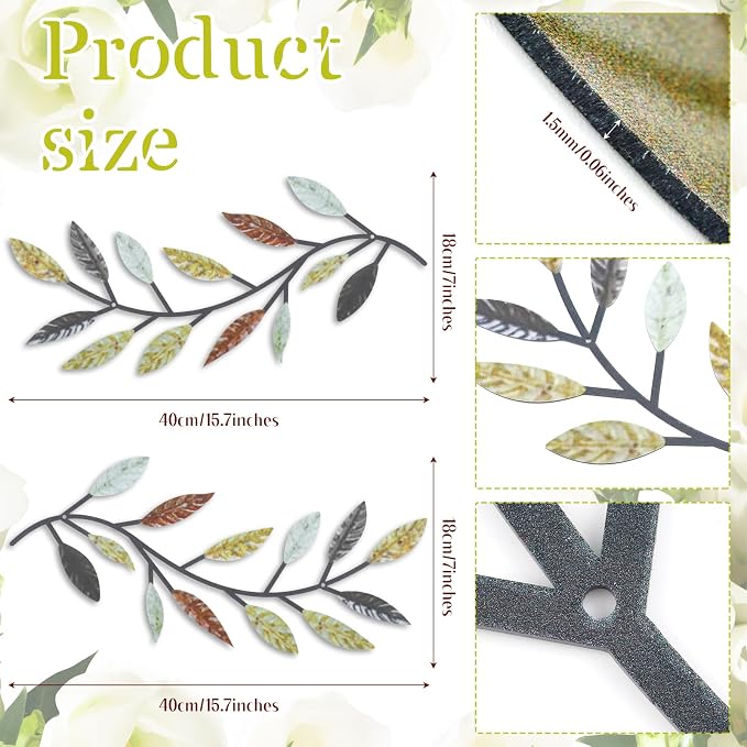 Zhengmy 2 Pcs Metal Leaf Wall Art Vine Branch Decor,Multi Color | Olive Branch Metal Decor for Living Room Hallway, Symmetrical Leaf Pair for Doorway Entryway, Lightweight Hanging Art Design