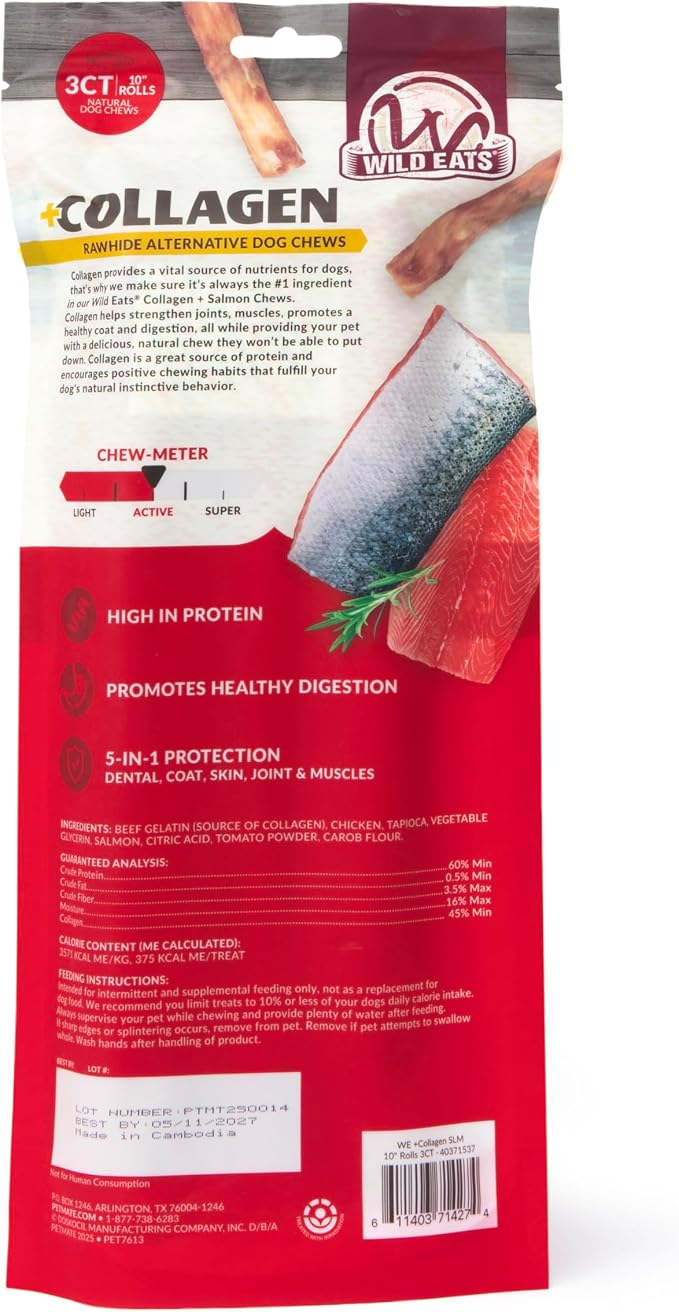 Wild Eats Salmon Flavor Collagen Cheek Roll Chew 10" 3pk Pig Ear Substitute | Long lasting treats and bones for medium dogs, retriever style texture, 3 per bag, satisfies natural gnawing urges daily