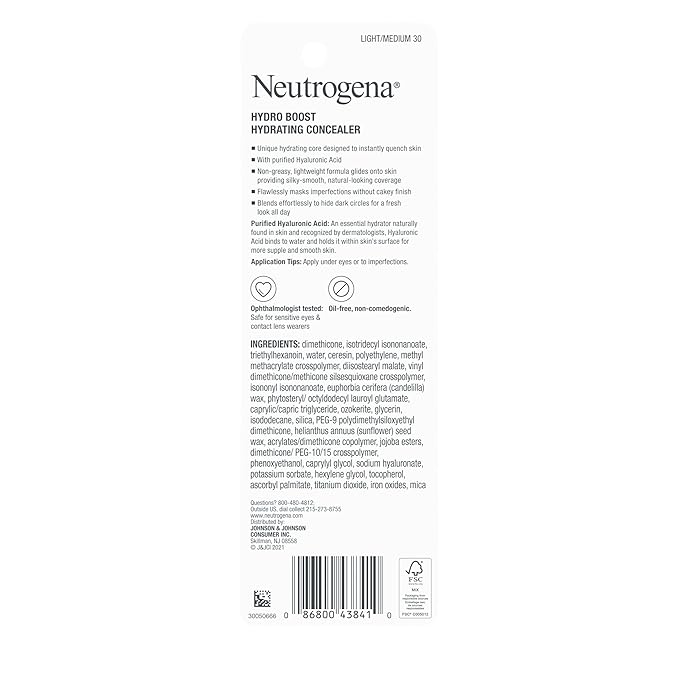 Neutrogena Hydro Boost Hydrating Concealer Stick, Makeup with Hyaluronic Acid for Dry Skin, Lightweight Oil-Free Cover-Up with Buildable Coverage, 30 Light/Medium, 0.12 Oz