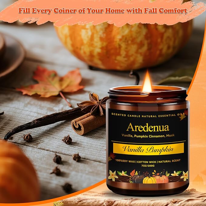 Vanilla Pumpkin Candle – Fall Holiday & Seasonal Pumpkin Aroma, Autumn Soy Candle for Christmas Home Décor & Cozy Seasonal Gifting