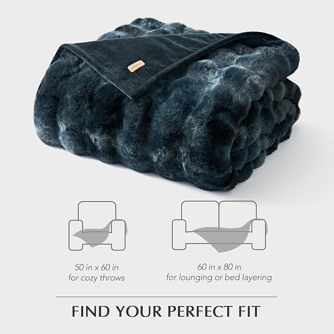 Faux Rabbit Fur Bubble Throw Blanket, 60"x80", Marble Deep Indigo | Ultra Soft, Luxury Faux Rabbit Fur Throw, Thick Warm Bubble Blanket, Cozy Fluffy Reversible, for Bed, Couch, Chair, Sofa