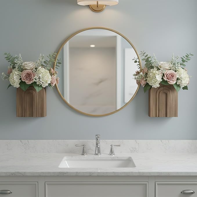 2 Pack Natural Wooden Wall Vase for Pampas Grass, Rustic Wall Decor | Wooden wall vase set for faux greenery and eucalyptus; rustic farmhouse wall decor for bathroom, hallway or entryway