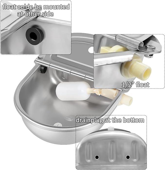 Automatic Water Dispenser for Dogs & Cat Stainless-Steel Water Bowl Outdoor | Heavy Duty Large Pet Waterer Feeder for Poultry & Livestock, w/ float valve