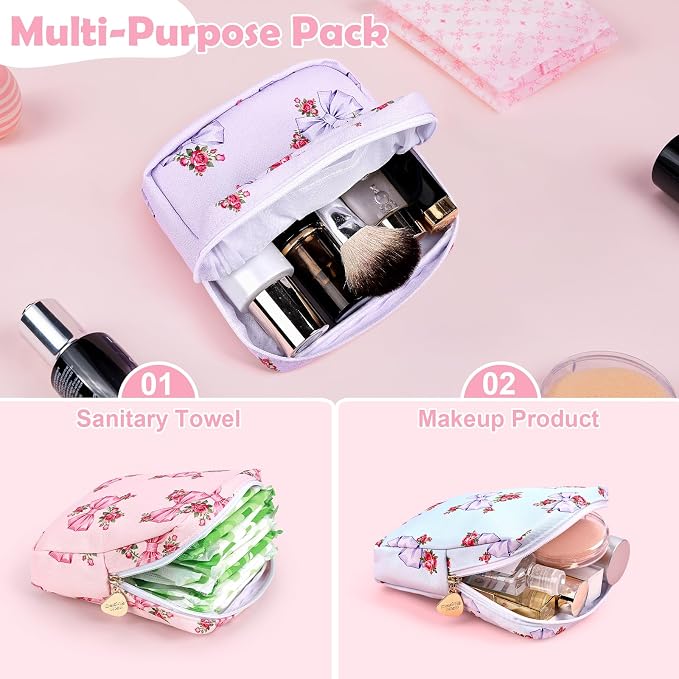 Sanitary Pad Storage Bag Portable Period Bag for Teen Pads/Sanitary Napkins/Small Tampons, Sanitary Napkin Storage Bag First Period Gifts for Teen Girls (Pink Rose Bouquet)