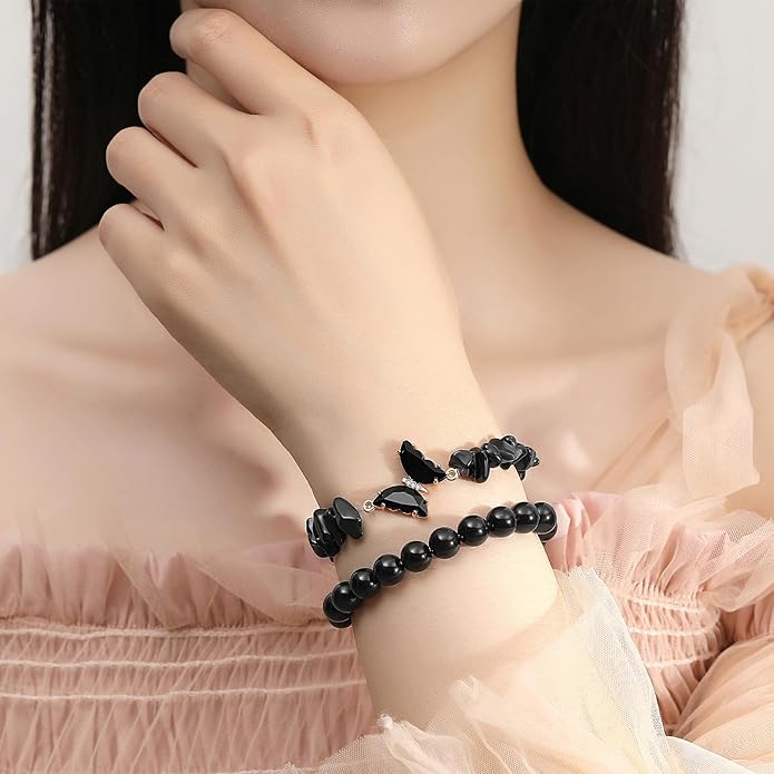 DUQGUHO 2Pcs Butterfly Bracelets for Women Healing Crystals Bracelets for Women Natural Gemstone Bead Bracelet Cute Butterfly Charm Bracelet Stretch 8mm Crystal Jewelry Gifts for Women