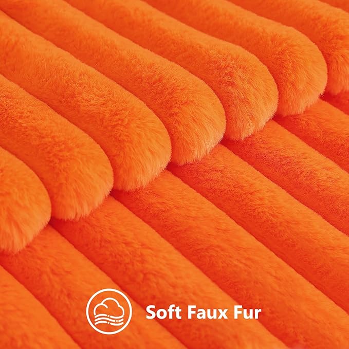 decorUhome Fall Faux Fur Throw Pillow Covers 24x24 Set of 2 Orange | Decorative Soft Cozy Striped Plush Modern Farmhouse Boho Couch Pillow Cases Velvet Back for Sofa Bed Living Room Home Decor