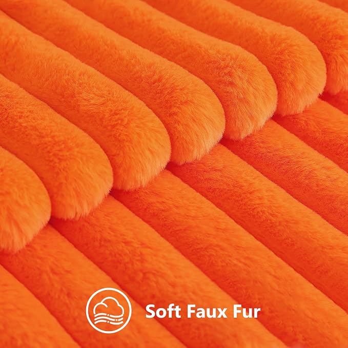 decorUhome Fall Faux Fur Throw Pillow Covers 22x22 Set of 2 Orange | Decorative Soft Cozy Striped Plush Modern Farmhouse Boho Couch Pillow Cases Velvet Back for Sofa Bed Living Room Home Decor