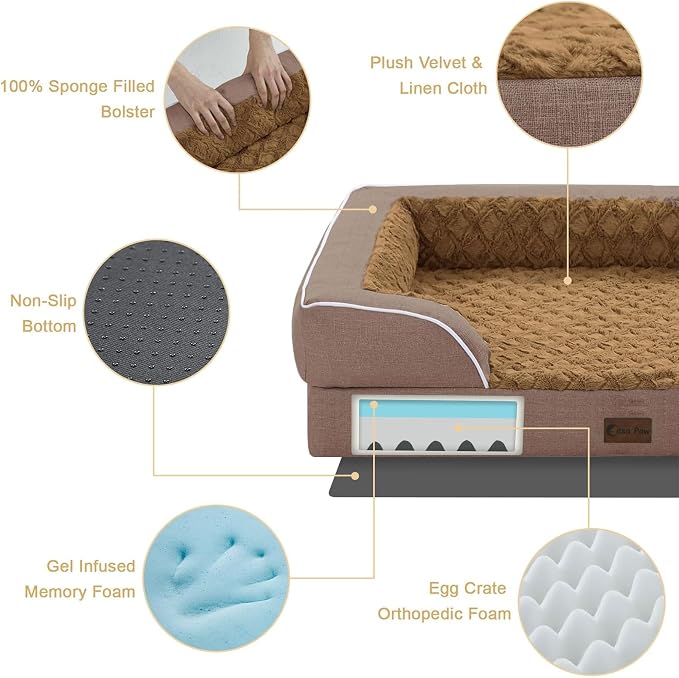 Waterproof Orthopedic Dog Bed for Extra Large Dogs, 45x35in, Brown | Orthopedic Foam Relieves Joint Pressure, Bolsters Supports Head And Neck, Washable Cover, Non-Slip Bottom