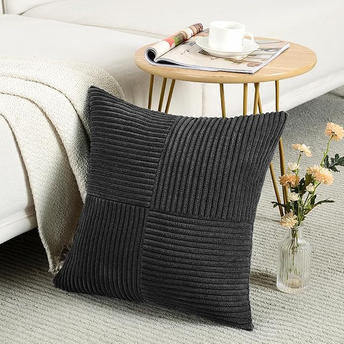 Fancy Homi Black Big Decorative Throw Pillow Covers 24x24 Inch for Living Room Couch Bed Sofa, Rustic Farmhouse Boho Home Decor, Soft Corss Corduroy Patchwork Accent Square Cushion Case 60x60 cm