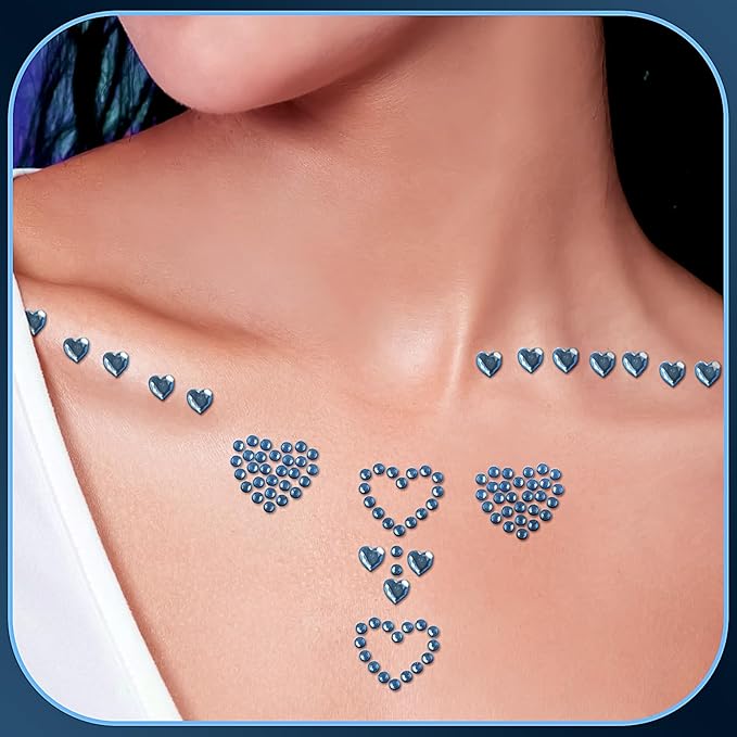 3 Sheers Self Adhesive Face Gems Blue Acrylic Heart Rhinestone Sticker Hair Face Jewels Sticker Sparkly Crystal Pearls for Hair Eye Face Body Nails Crafts Decoration
