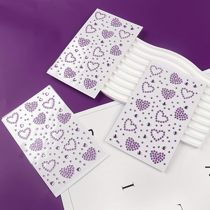 3 Sheers Purple Rhinestone Stickers Self Adhesive Face Gems Stick on Heart Face Jewels Stickers for Valentines Makeup Crystal Pearls for Eye Face Body Nails Crafts Decoration