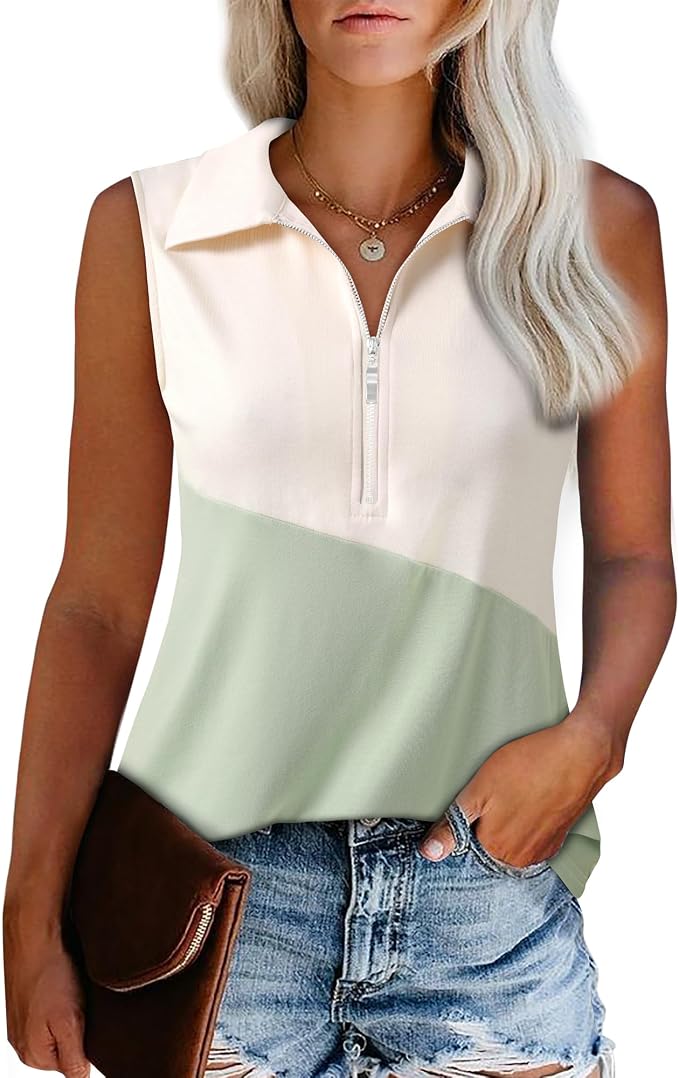 Vivilli Womens Ribbed Tank Top Zipper V Neck Dressy Casual Blouses Sleeveless Camisole Tops Work Tank Polo Shirts