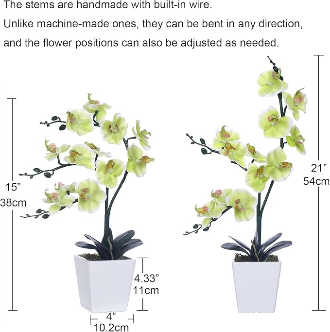 15" Silk Phalaenopsis Orchid in Square Pot, Apple Green Flower Arrangements | Lifelike Faux Potted Blooms with Moss in a Ceramic Planter. Looks Real, Zero Upkeep, Ideal Centerpiece for Any Table