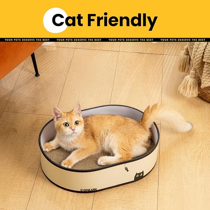 Conlun Oval Cat Scratcher Box with 4 Scratching Pads | Medium | Corrugated Cardboard | Reversible Design | Protects Furniture | Enclosed Bottom | Mess-Free Lounge Bed for Indoor Cats