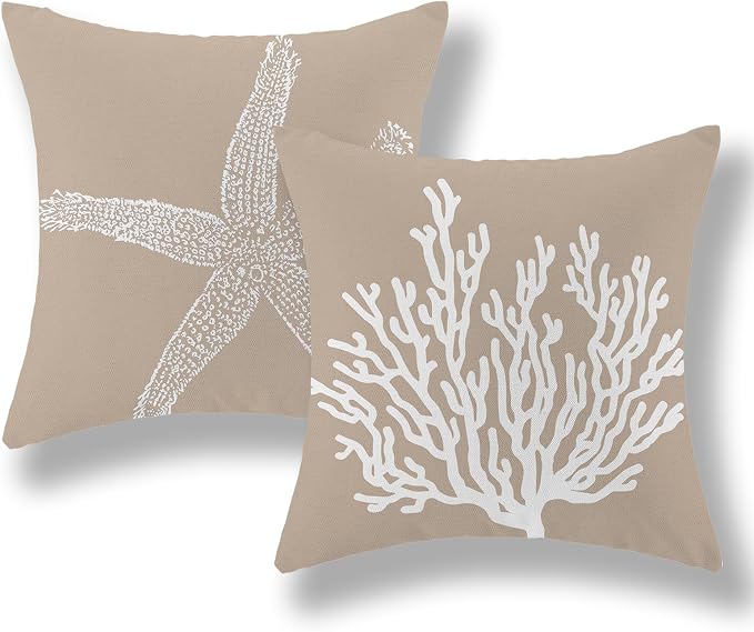 Coastal Pillow Covers 16x16 Inch Set of 2 Brown Tan Coral Starfish Throw Pillows Summer Nautical Beach Ocean Decorations Linen Pillowcase Outdoor Decor Farmhouse Cushion Case for Home Bedroom