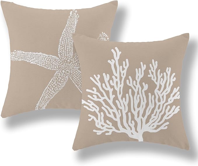 Coastal Pillow Covers 18x18 Inch Set of 2 Brown Tan Coral Starfish Throw Pillows Summer Nautical Beach Ocean Decorations Linen Pillowcase Outdoor Decor Farmhouse Cushion Case for Home Bedroom