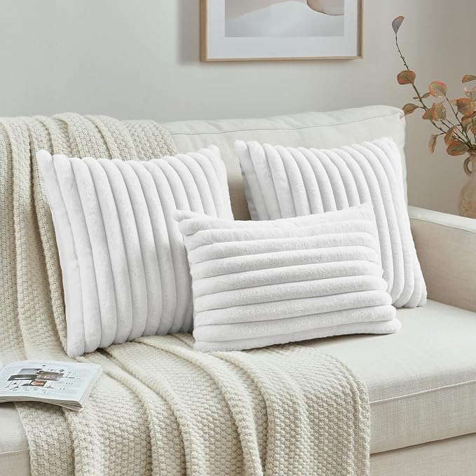 FUTEI Pack of 2 Faux Fur Throw Pillow Covers 12x20 Inch, White | Fluffy Faux Rabbit Fur Front/Premium Velvet Back,Hidden Zipper,Machine Washable,Non-Shedding,Colorfast,Insert Not Included.