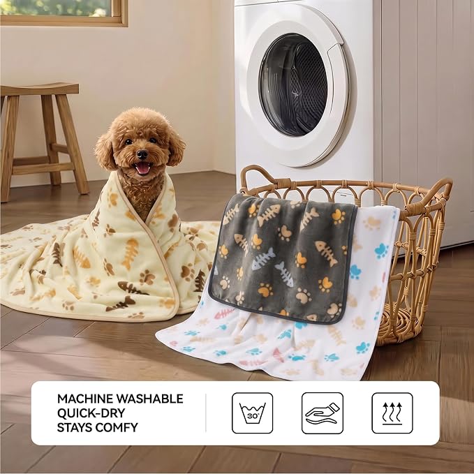 LINENLUX Dog Blankets 3-Pack, Super Soft Fluffy Fleece Pet Throw Warm | Premium flannel fleece pet throw for cat, puppy. Cozy warm for bed, crate, or couch naps; Grey/Khaki/White-3pcs 23x16 inch