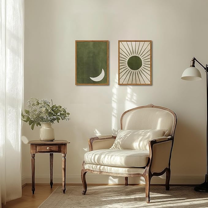 Framed Boho Sun and Moon Canvas Wall Art Set of 2, Vintage Sage Green Bohemian Pictures Wall Decor, Mid Century Modern Abstract Minimalist Paintings Prints for Living Room Bedroom Office 12x16 inch