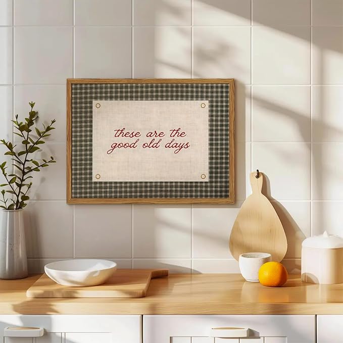 Framed These Are The Good Old Days Wall Art, Vintage Family Inspirational Quote Pictures Wall Decor, Retro Green Gingham Paintings Prints Motivational Home Decor for Living Room Bedroom 16x24 inch