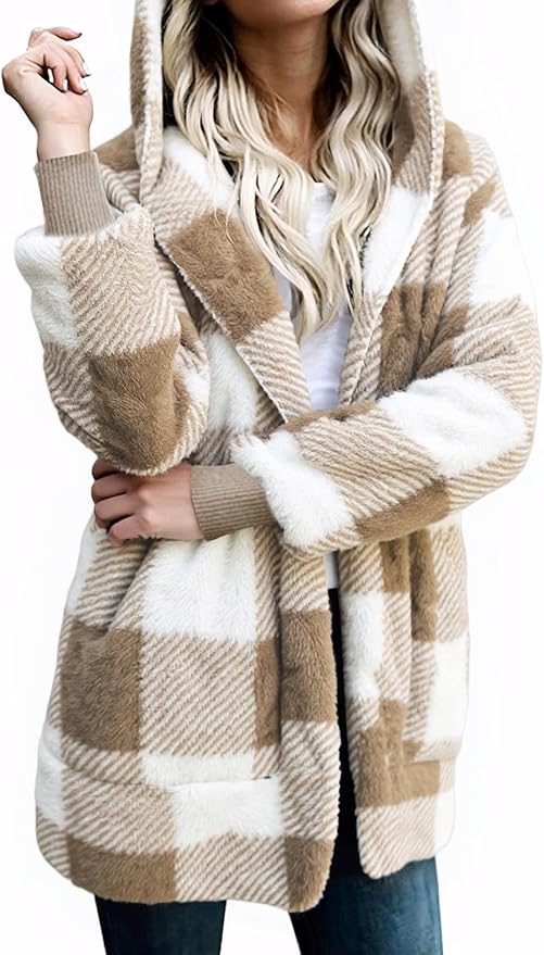 Zilcremo Women Hooded Cardigan Fuzzy Jacket Winter Open Front Fleece Coat Outwear with Pockets