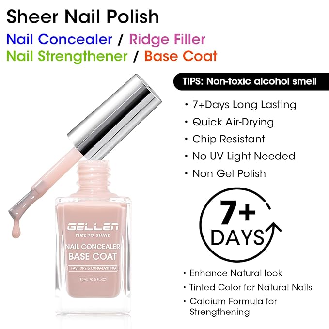 GELLEN 4-In-1 Illuminating Nail Concealer Base Coat Nail Polish Sheer Nude Neutral Earth Tones, Quick Dry Ridge Filler Strengthener | Smooth Strengthen Yellow Discolored Nails | Toxin TPO HEMA Free