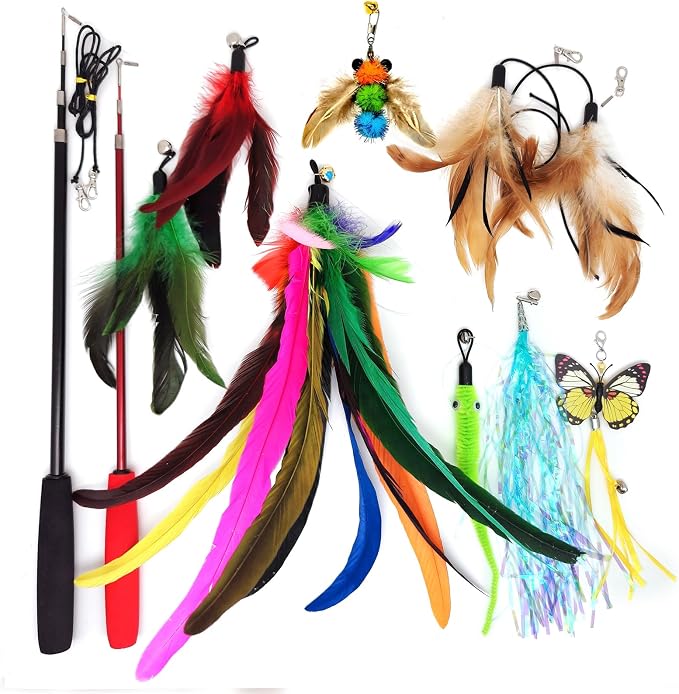miwoowim 2PCS Retractable Cat Teaser Wands & 9PCS Feather Refills Toy Set | Dual-size telescopic rods (50" & 38"), da bird feather attachments with bells replacement,interactive fishing pole toys