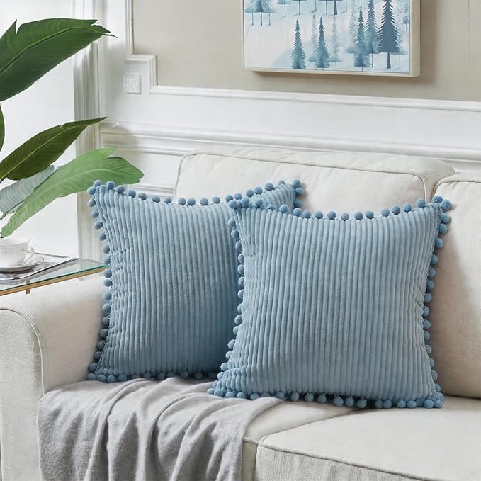 Fancy Homi Set of 2 Light Blue Decorative Throw Pillow Covers 24x24 Inch with Pom-poms, Boho Soft Corduroy Solid Square Baby Blue Cushion Covers for Couch Sofa Bedroom Car Living Room 60x60 cm