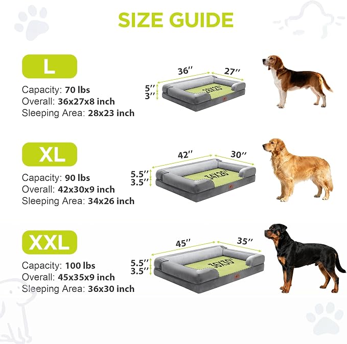 Waterproof Orthopedic Dog Bed for Extra Large Sized Dogs | Memory Foam Pet Bed Sofa with Bolster, Dog Couch with Washable Cover & Non-Slip Bottom, 42x30 Inch, Grey