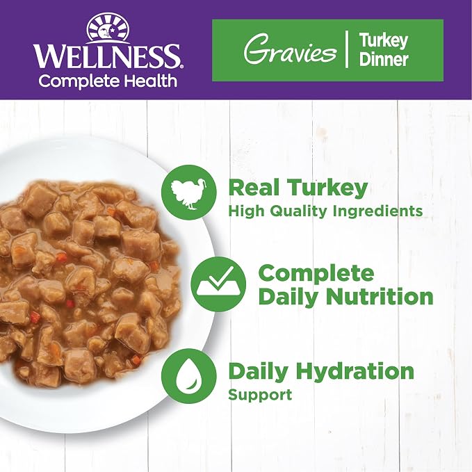 Wellness Complete Health Gravies Adult Canned Wet Cat Food, Natural, Protein Rich, Grain Free, Turkey Dinner Recipe, 5.5 oz, Pack of 12 Cans