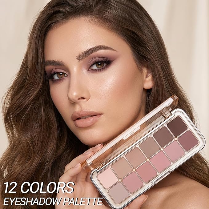 Erinde 12 Colors Eyeshadow Palette, Pink Brown Neutrals & Nude Eye Shadow Makeup, Matte Finishes, Long Lasting Ultra-Blendable Waterproof Eyeshadow Powder for Daily & Party, 03