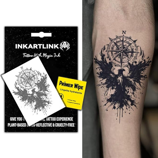 INKARTLINK Semi Permanent Tattoo, Creative Party Tattoos, Beautiful and Realistic Designs, Fun Tattoo Experience, Cruelty-free, Non-reflective, Waterproof (Eagle, Compass)