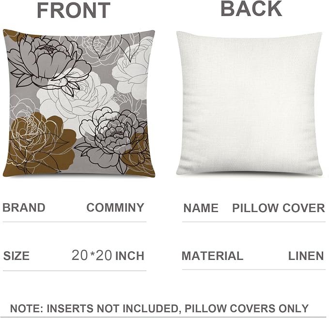 Brown Grey Throw Pillow Covers 20x20 Set of 6, Neutral Floral Home Decor | brown daisy Floral, decorative cushion cover, Breathable Linen, large Throw Pillow Size, modern Couch Sofa Living Room