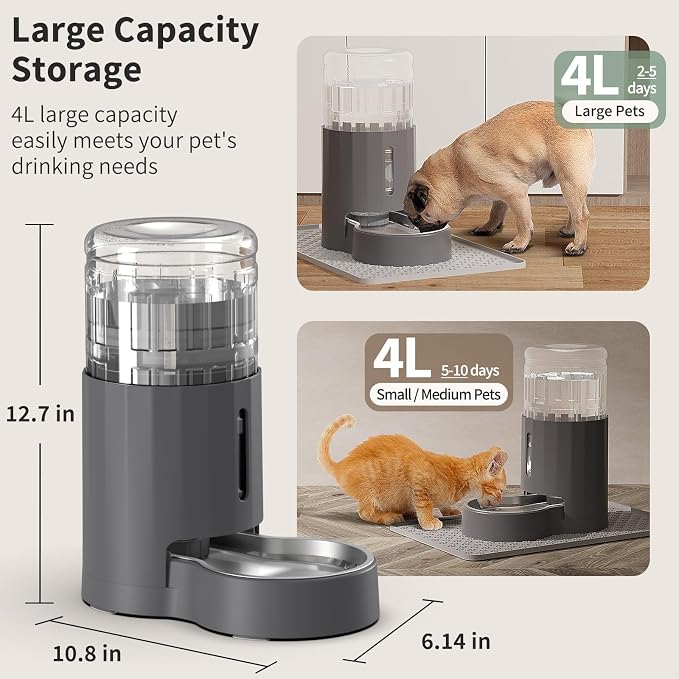 JUNSPOW Cat Water Dispenser with Filter and Stainless Steel Bowl (4L Grey) | Automatic Gravity Water Dispenser for Cats or Small Medium Size Dogs, Large Capacity, Easy to Clean