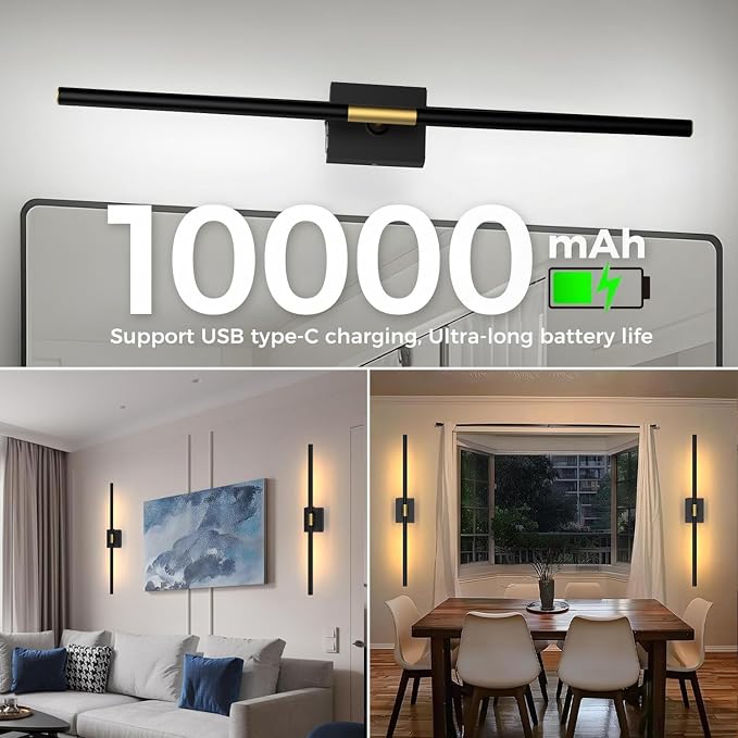 Battery Operated Wall Sconces Set of 2, 10000mAh, Black | Detachable rechargeable battery, 31.5" wireless lighting for TV wall mirror bedroom or living room decor