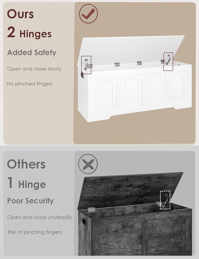 Storage Chest, Wooden Toy Box, White 50.0" L | Extra Large Storage Bench, 2 Soft-close Hinges, Finger-safe Flip-Top Lid, Easy Assembly, Farmhouse Trunk, Living Room/Bedroom